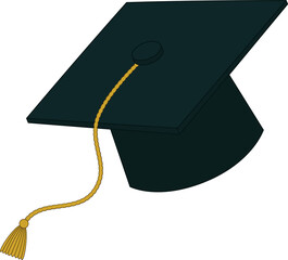 Flat design graduation cap is floating on transparent background featuring golden tassel hanging