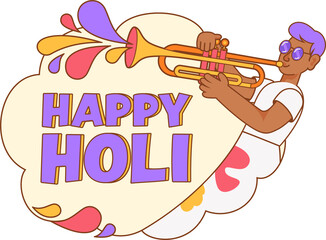 Cartoon trumpet player spraying festival colors around HAPPY HOLI cloud, transparent background