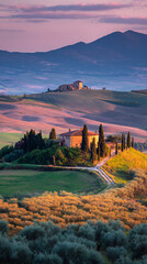 A scenic view of a tuscan landscape with a villa, cypress trees, and rolling hills at sunset or sunrise