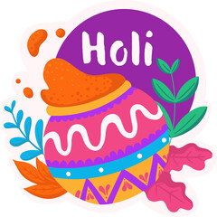 Colorful pot is spilling orange powder in flat style on transparent backdrop with Holi text, leaves