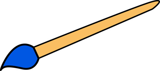 Cartoon paintbrush icon is floating on transparent background showing golden handle  and  blue brist