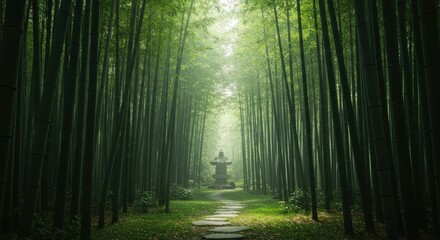 Naklejka premium Bamboo Forest Path: Serene path winding through a dense bamboo forest, guiding the eye towards a distant, meditative figure. The scene is bathed in ethereal light, creating a tranquil.