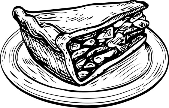 Naklejki Triangular slice of layered cake is resting on round plate in sketch style, transparent backdrop