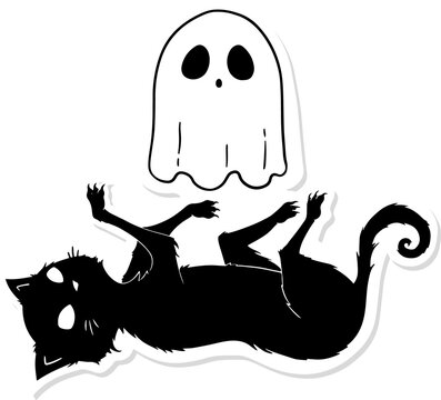 Fototapeta Cartoonish ghost and black cat are floating in flat sticker design, transparent background