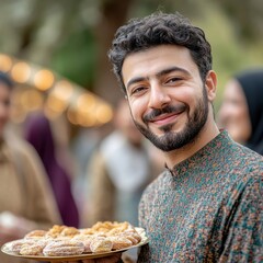 Happy Man Sharing Sweets with Joyful Expressions