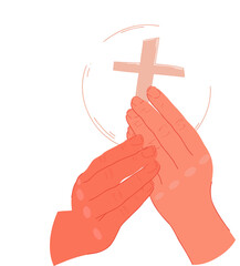 Flat illustration showing hands cupping host with cross and sparkling rays, transparent background
