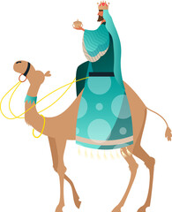Crowned bearded king is riding camel in flat style with gold reins, jar, transparent background