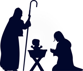 Nativity silhouette is showing light circle with infant in manger and staff on transparent backdrop