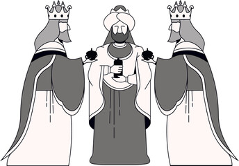 Regal Magi are presenting ornate vessels in monochrome vector illustration, transparent background