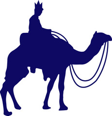 Crowned rider is riding camel in flat silhouette design, showing transparent backdrop and reins