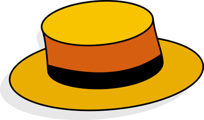 Straw boater hat in flat design is floating on transparent background, featuring orange ribbon band