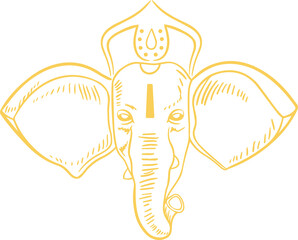 Stylized elephant head appearing in yellow line art with ornamental motif, transparent background