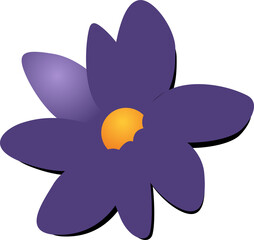 Flat purple flower is floating on transparent bg with six petals and yellow-orange notched center