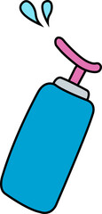 Pump dispenser bottle is dispensing blue liquid droplets, flat design, transparent background