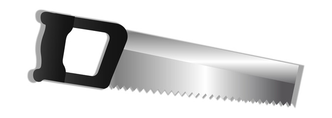 Hand saw resting on transparent background in flat design, displaying black handle and blade teeth