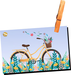 Flat bicycle with flower basket is hanging on paper by clothespin  and  tack, transparent background