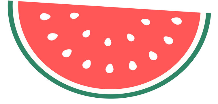 Flat vector watermelon slice showing red flesh, white seeds, green rind on transparent background