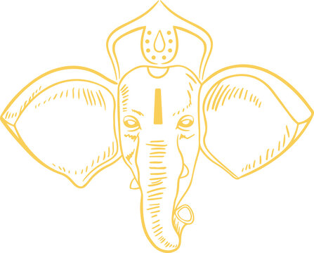 Fototapeta Stylized elephant head appearing in yellow line art with ornamental motif, transparent background