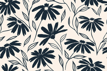 Hand drawn seamless flower pattern with leaves, black floral vector on white background.