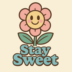 Retro Cute Cartoon Character Vector Print with “Stay Sweet” Slogan for Graphic Tee & Poster Sticker