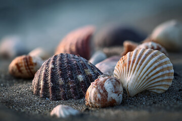 A close up shot of assorted seashells scattered on a sandy beach with a blurred background
