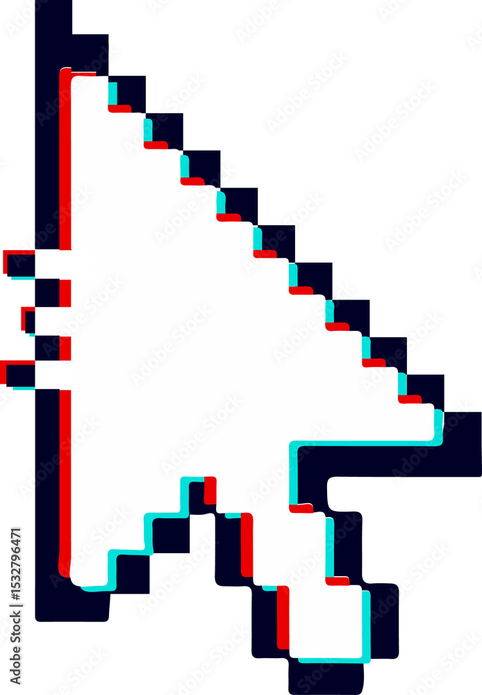 Poster pixelated arrow cursor showing red and cyan glitch outlines on transparent backdrop, flat design