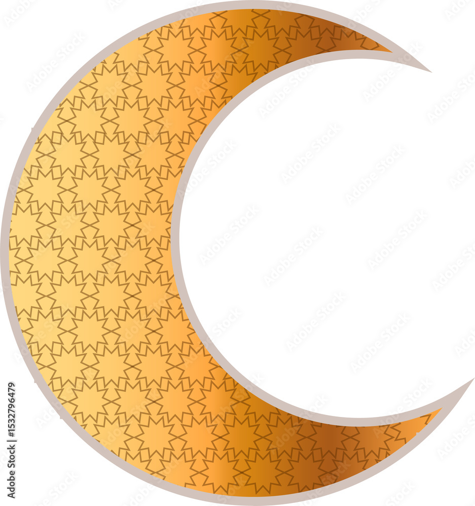 Poster flat design golden crescent moon is glowing with eight-pointed star motif on transparent background