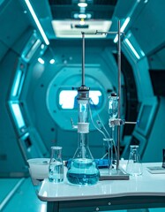 close up of laboratory equipment with colored liquid