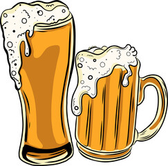 Pair of frothy beer glasses sitting on transparent background, showing tall pilsner and classic mug