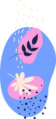Pink blobs are floating on blue oval, flat design showing leaf and petal motifs, clear background
