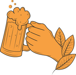 Stylized hand is holding frothy beer mug in orange vector with leaves on transparent background