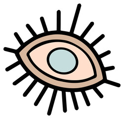 Abstract stylized eye icon is glowing in flat design with radiating lashes, transparent background