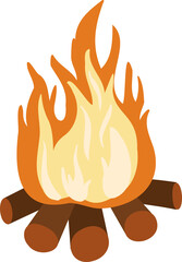 Stylized flat icon campfire is burning on wood logs with orange yellow flames, transparent backdrop