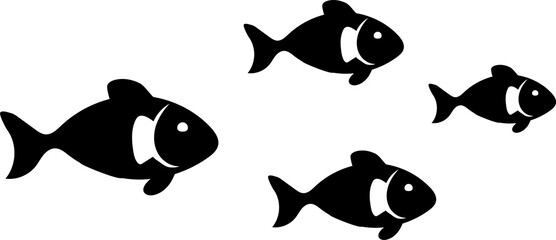 School of four flat black fish silhouettes swimming right on transparent background, copy space