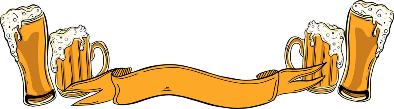 Naklejki Gold ribbon banner is being flanked by frothy beer mugs, tall glasses in transparent vector art