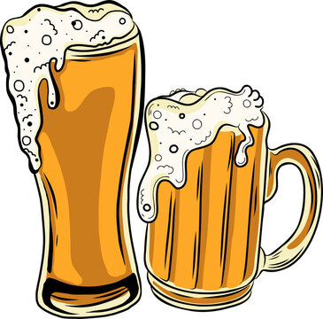 Naklejki Pair of frothy beer glasses sitting on transparent background, showing tall pilsner and classic mug