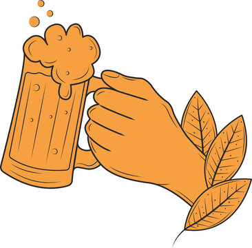 Naklejki Stylized hand is holding frothy beer mug in orange vector with leaves on transparent background