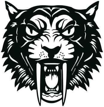 Fototapeta Stylized saber-toothed cat head is snarling in monochrome vector art on transparent background