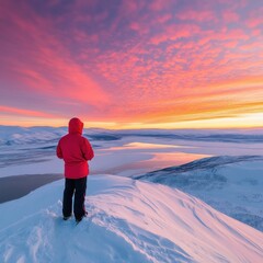 Hiker in Red Parka on Snowy Hill at Sunset