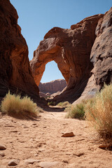 Desert landscape featuring a natural rock archway with vegetation and a clear blue sky above it