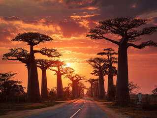 A road lined with baobab trees at sunset with a vibrant orange and red sky creating a scenic landscape