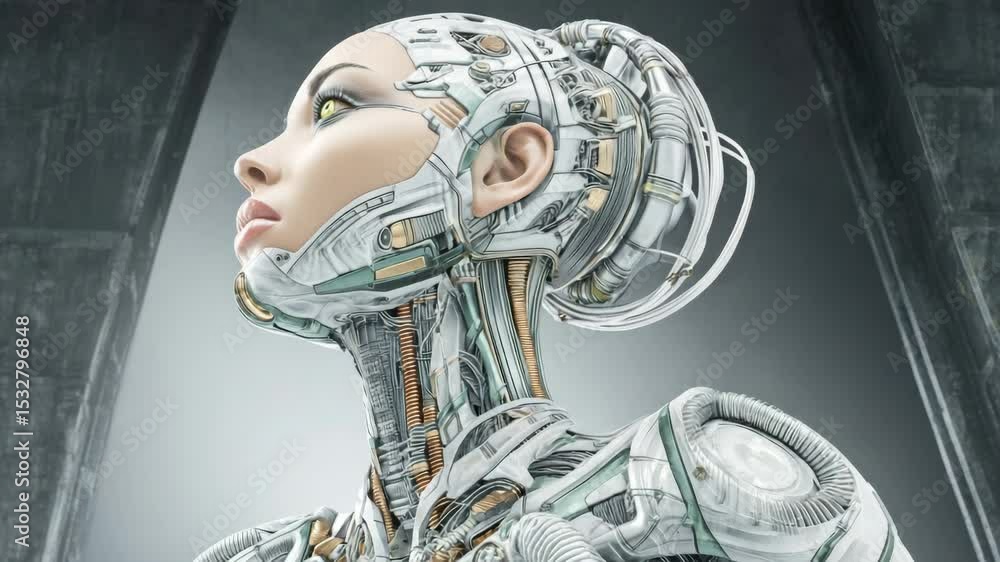 Poster a beautiful female robot with intricate details and cybernetic enhancements stands in an architectur