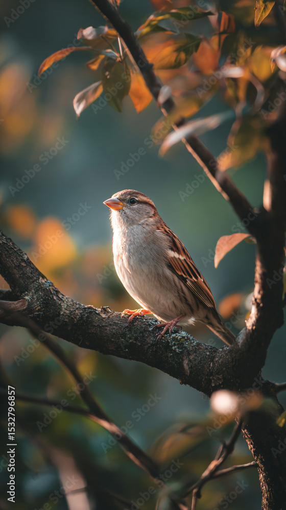 Poster a sparrow perched on a tree branch with autumn leaves in the background on a sunny afternoon light