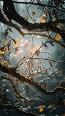 A close up of autumn branches with leaves and moss against a blurred background with soft sunlight