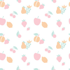 Vector seamless pattern with summer fruits berries, grapes, apple, cherries, strawberry in the flat style