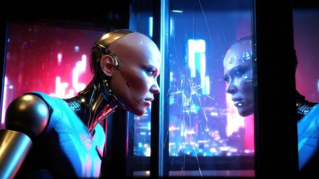 A bald female robot looks through a broken glass at another robot that is her copy. Cyberpunk cityscape seen through a window, neon lights, reflections and holographic projections on a glass wall.