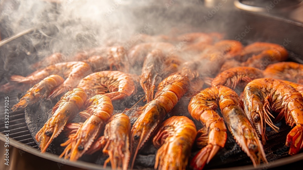 Poster an overhead view of a sizzling grill filled with large shrimp, their shells caramelized to perfectio