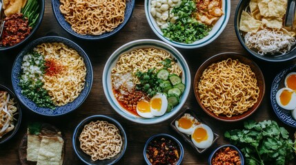 Fototapeta premium An overhead view of a table set with various instant noodle flavors and toppings, with bowls of prepared noodles ready to be served.