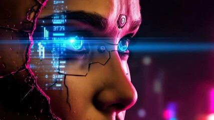 Face and head of an artificially intelligent robot with cybernetic elements including neon blue glowing eyes, pink hair, and holographic digital data symbols floating around him on a dark background. - Powered by Adobe