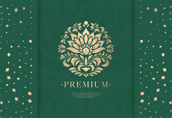 Gold and green emblem with flower and leaves. Can be used for jewelry, beauty and fashion industry. Great for logo, monogram, invitation, flyer, menu, background, or any desired idea.